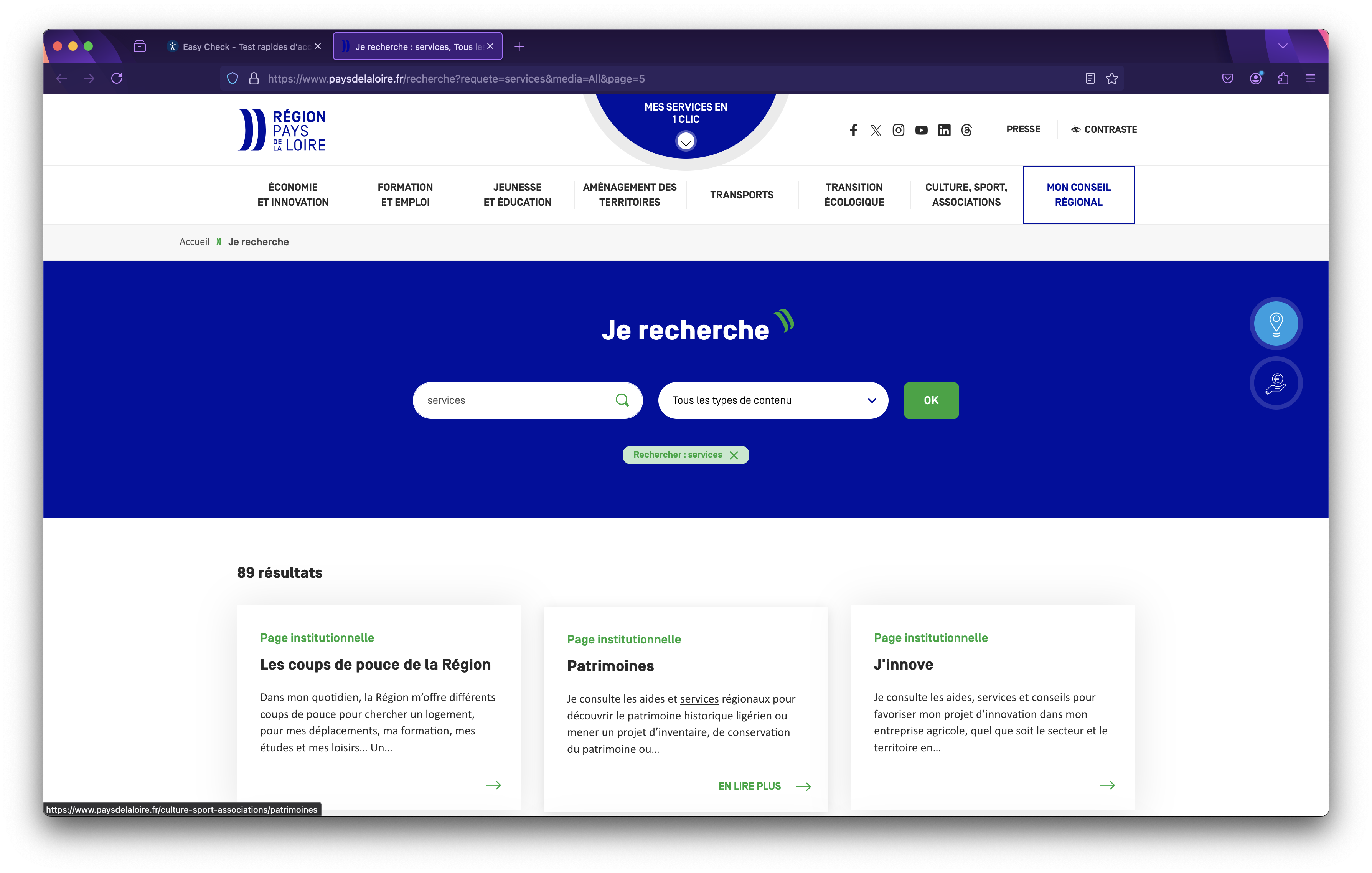 Critère 1 - exercice 6 - Ecran Région Pays de la Loire