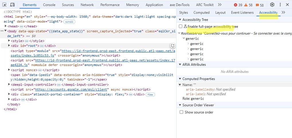 Danş le panneau 'Accessibility' du 'Side panel' cocher 'Enable full-page accessibility tree'