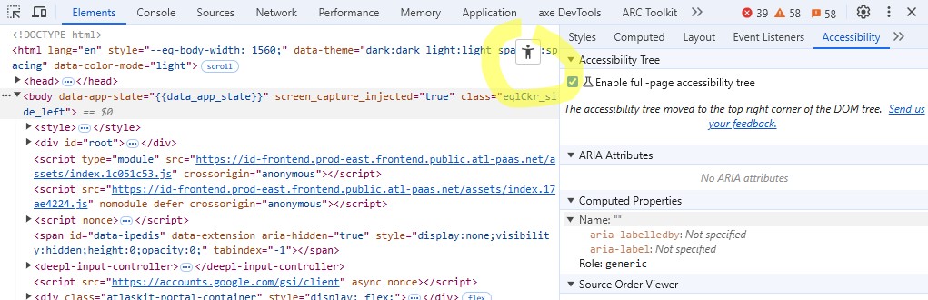 Dans 'Elements panel' le bouton 'Switch to Accessibility Tree view' est à présent disponible